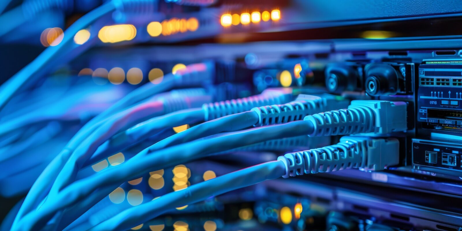 High-capacity network cables connected to telecom equipment